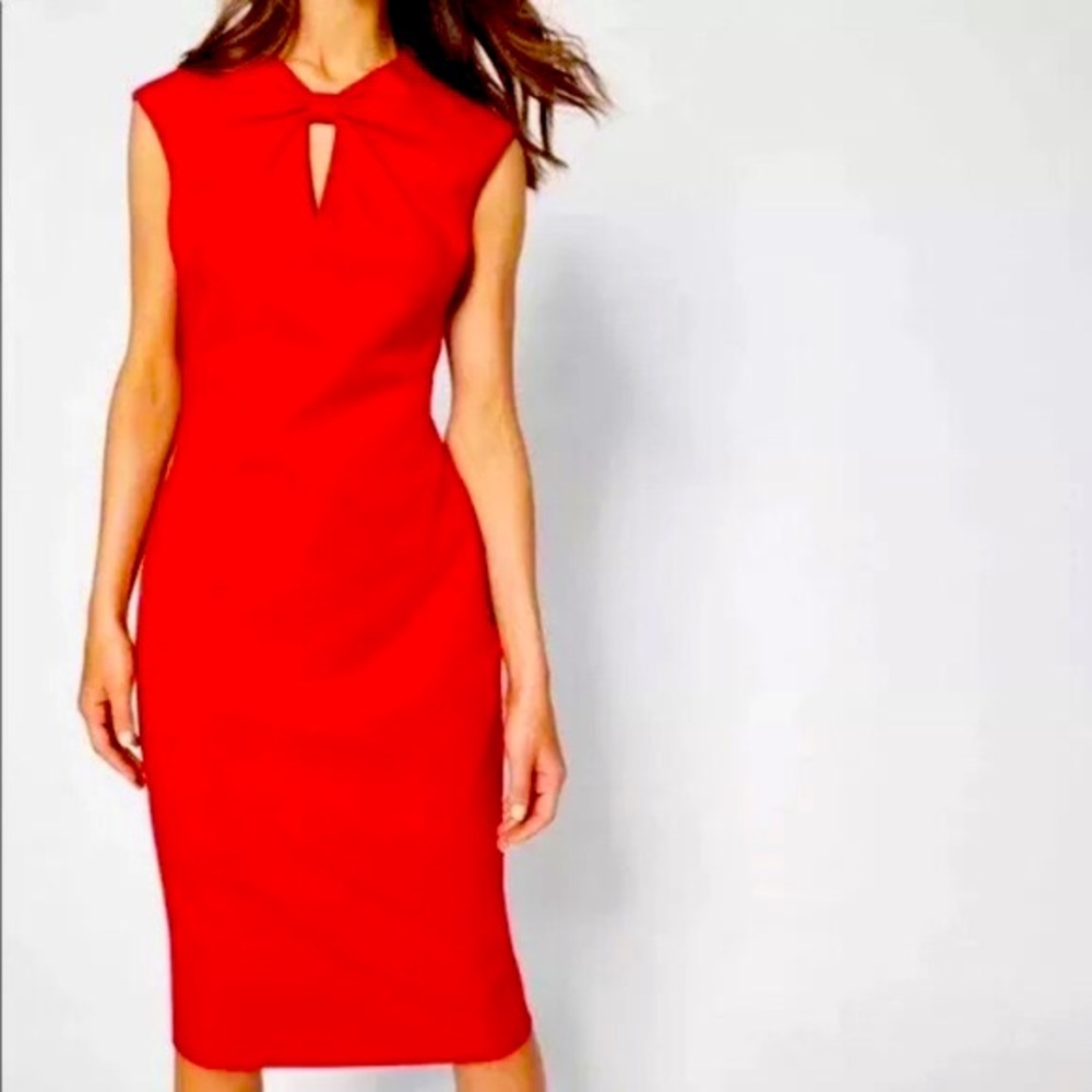 Ted Baker London Red Midi Sheath Dress with Keyhole Neck